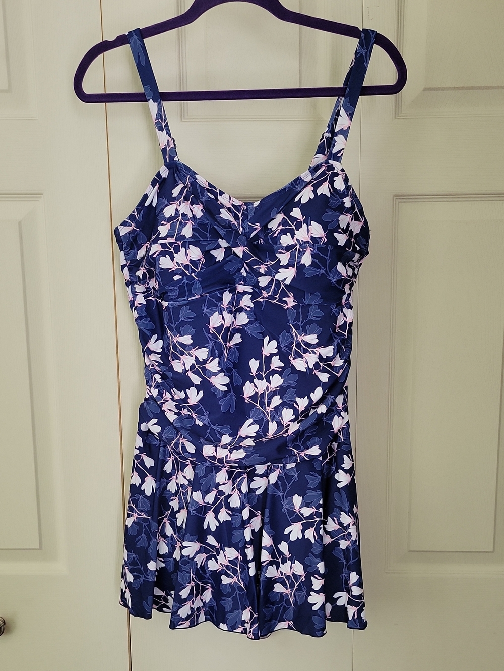 Navy Blue Floral Swimdress with Pink Blossoms